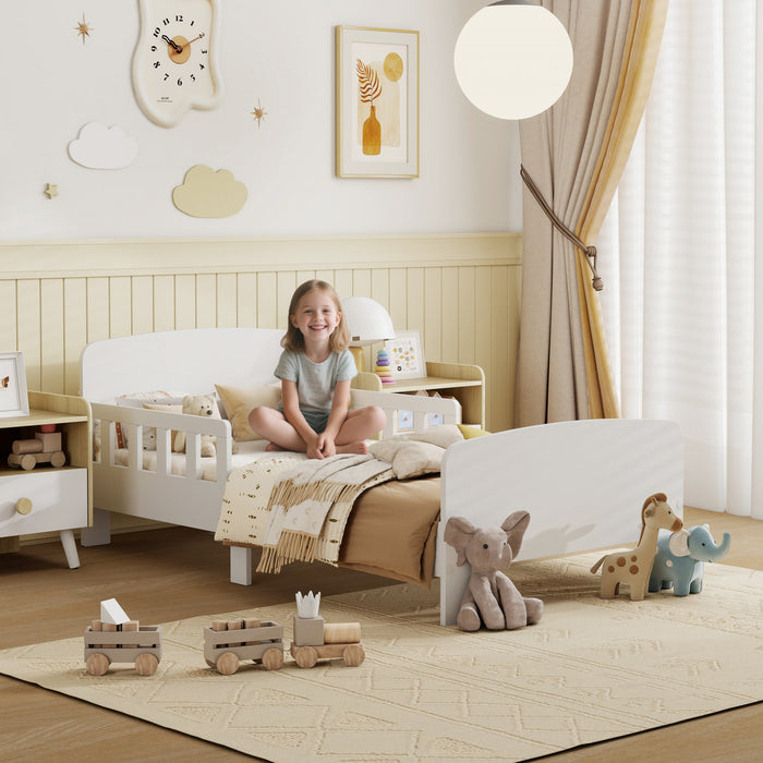 Qaba Lit pour tout-petits, cadre de lit pour enfants avec barrieres laterales de securite pour filles et garcons, mobilier de chambre pour enfants de 3 a 8 ans, blanc
