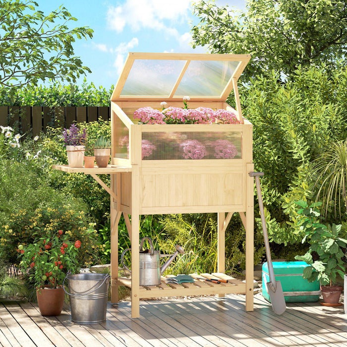 Bac de jardin sureleve Outsunny avec serre froide et table pliante, bois naturel