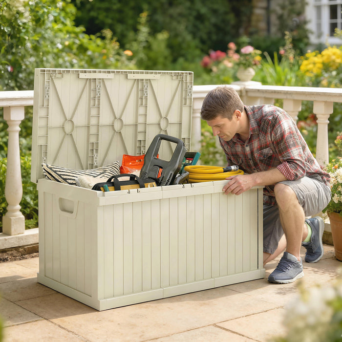 Outsunny Coffre de rangement exterieur 265L, coffre en resine avec poignees, beige sable