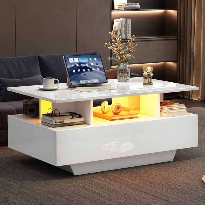 Lucas table basse LED – table basse avec tiroirs de rangement et etageres ouvertes, blanc