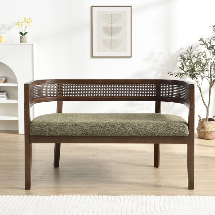 Rattan Causeuse Rembourree en Rotin 47.5 po avec Dossier Tisse Main, Vert, Noyer