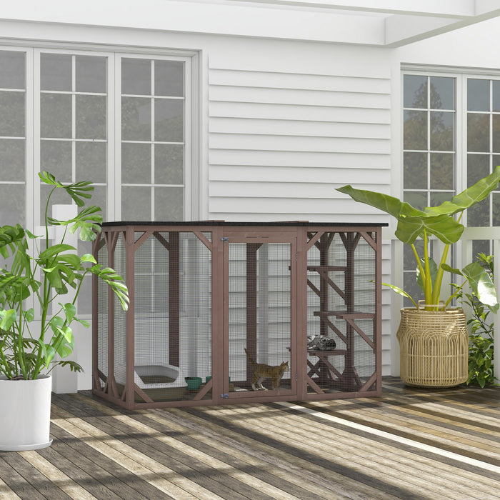 Pawhut Cage Pour Chat Maison D'exterieur En Bois Pour Chat Cage Interieure Avec Toit En Asphalte, Plateformes A Plusieurs Niveaux Et Grande Porte D'entree - 71\"l, Marron