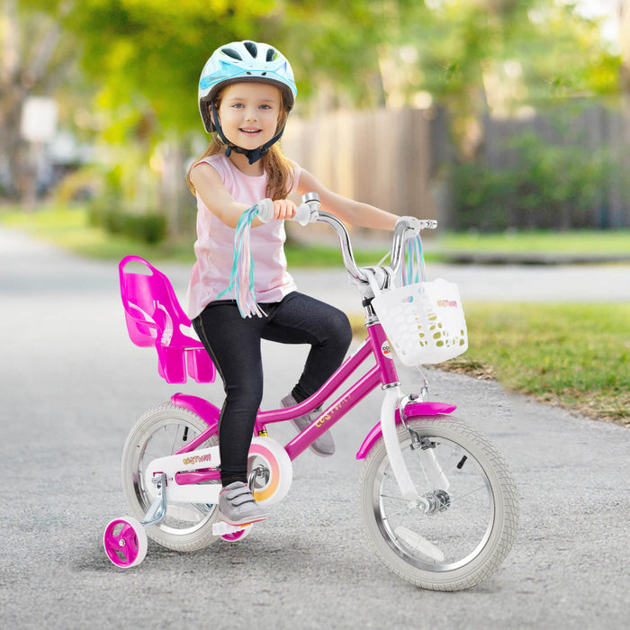 Costway 14\" Velo Pour Enfants Avec Roues D'entrainement Poupee Siege Panier Streamers Frein A Main Rose