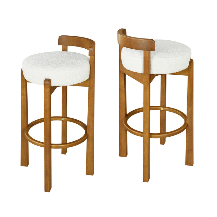 Elise – Lot de 2 tabourets de bar modernes a assise ronde en bois d’hevea avec dossier incurve de soutien et revetement en sherpa, couleur blanche