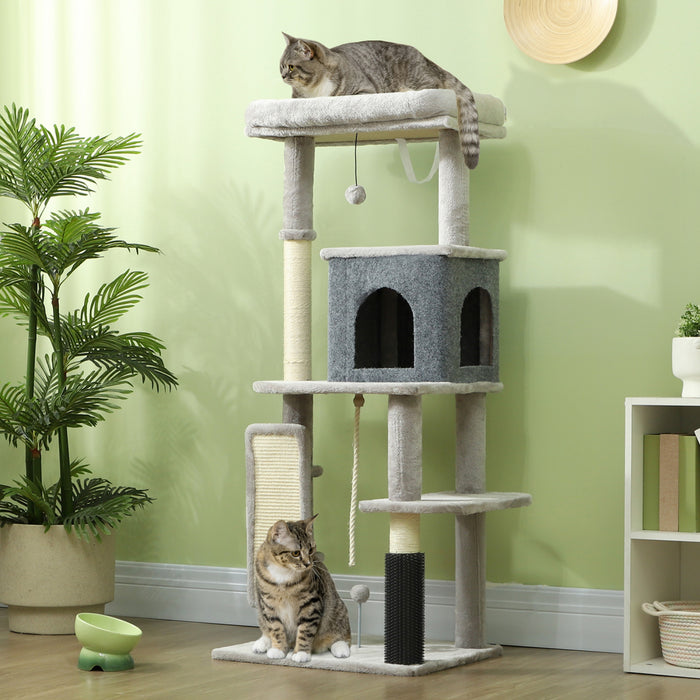 Pawhut Arbre A Chat Pour Grands Chats, Tour A Chat 52\" Avec Griffoirs, Lit Pour Chat, Brosse De Toilettage, Plates-formes De Saut, Balles Jouets, Kit Anti-basculement, Gris Clair
