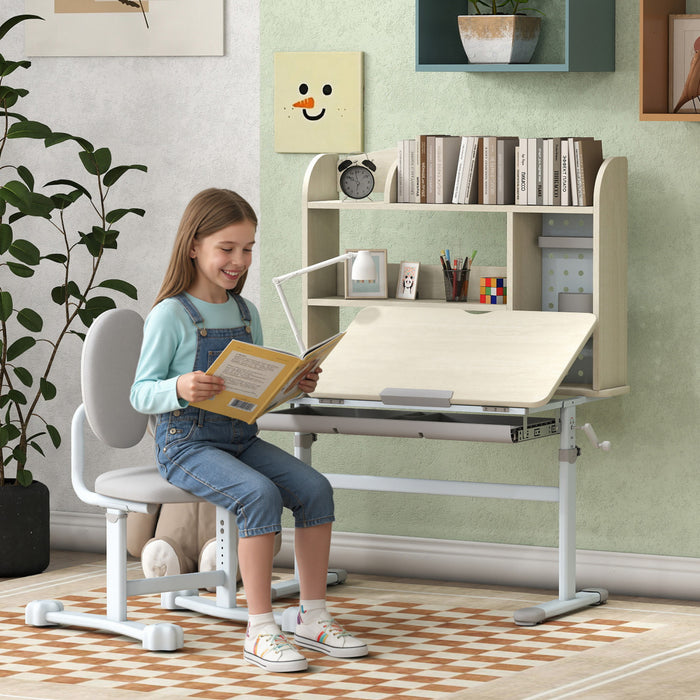 Qaba Ensemble Bureau et Chaise pour Enfants, Table d'Etude Reglable avec Bureau Inclinable, Tiroir et Etageres, Gris