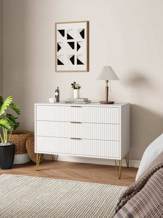 Commode Dumbo Moderne 35\" a Rainures en Blanc (3 Tiroirs)