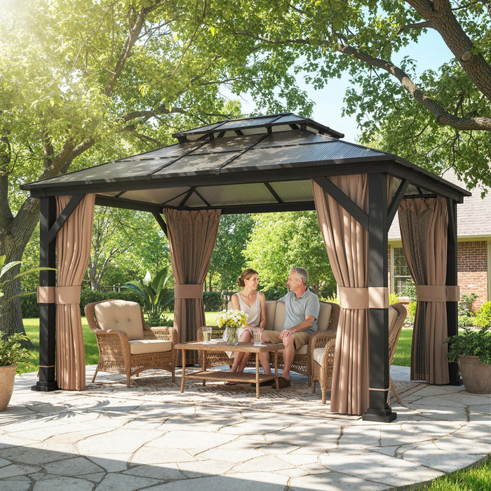Outsunny Gazebo a toit rigide 3,6 x 2,95 m avec toit double en polycarbonate