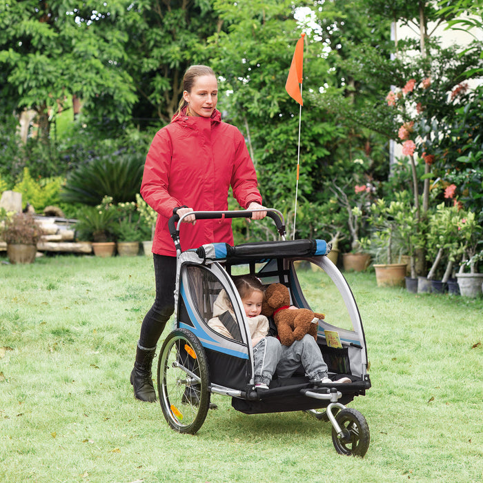 Aosom Remorque Velo Enfant 2 En 1, Poussette Bebe Avec Frein, Sac De Rangement, Drapeau De Securite, Reflecteurs Et Harnais 5 Points, Bleu