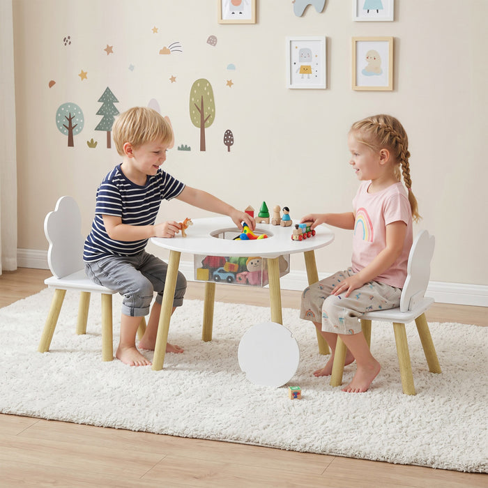 Qaba Ensemble Table et Chaises Enfant avec Rangement, 3 Pieces, Blanc