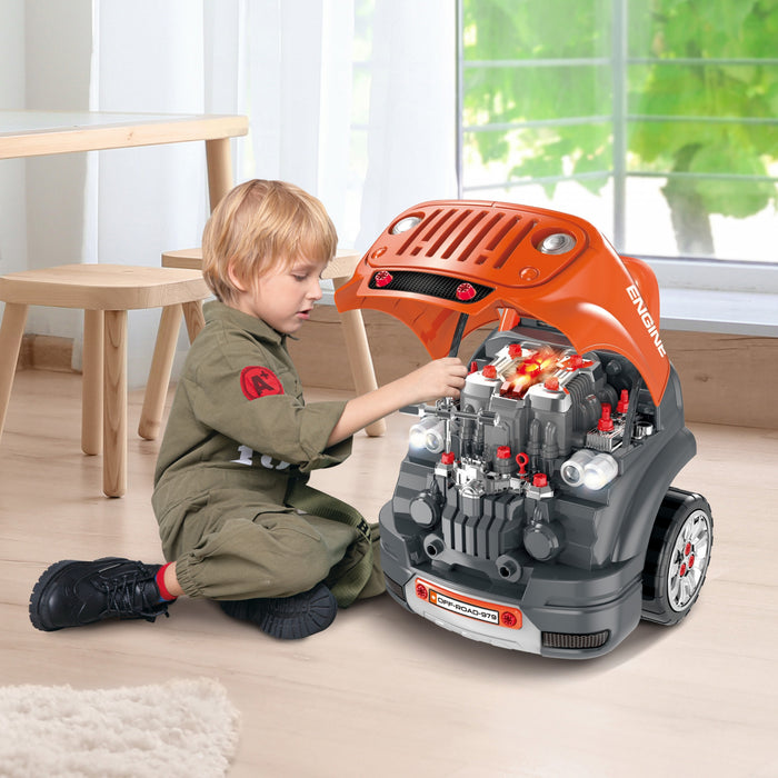 Qaba Ensemble De Jouets Pour Moteur De Camion Pour Enfants, Ensemble De Jeu Educatif Pour Station-service De Voiture, Atelier A Demonter, Avec Volant, Klaxon, Lumiere, Cle De Voiture Rc Orange