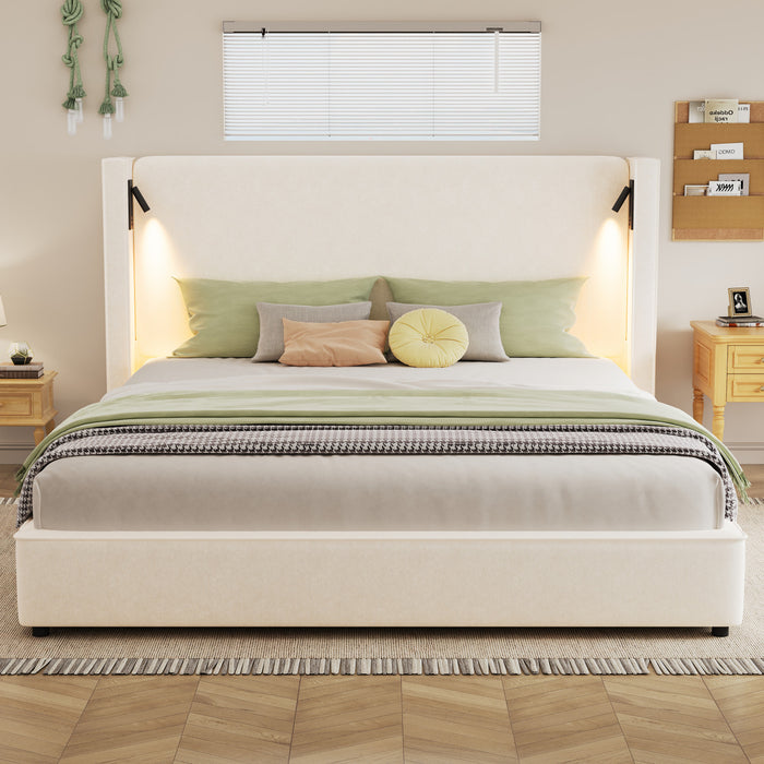 Lit Olivia Rembourre avec Tete de Lit Ailes et Ports USB, Taille King - Beige