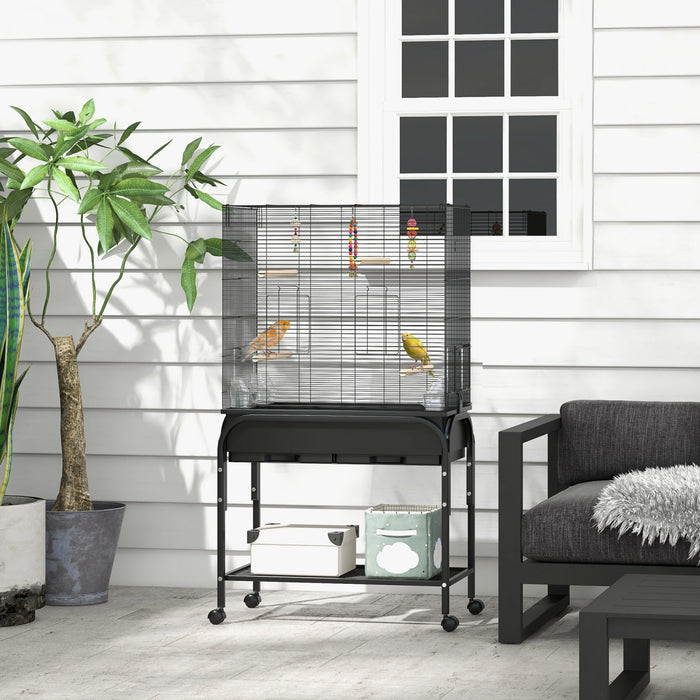 Pawhut 51\" Cage A Oiseaux Pour Perruches Canaris Pinsons Avec Support Roulant, Jouets, Noir