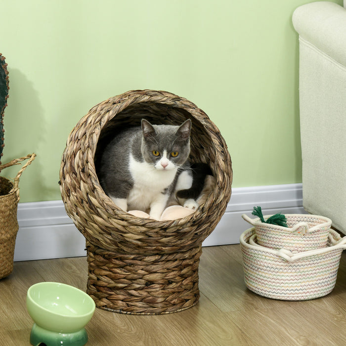Pawhut Lit Pour Chat En Osier, Lit Sureleve Pour Chaton En Rotin Avec Coussin, Chaise œuf Pour Chat, Maison Pour Chat Avec Support Pour Chats D'interieur, Gris