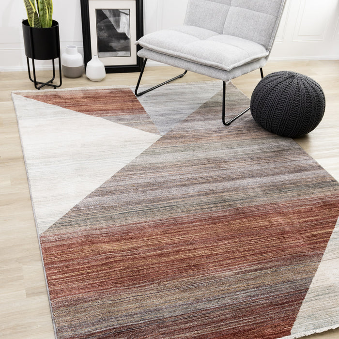 Carpette Olivia rouge, blanche et grise à motif géométrique vieilli - 5 pi 3 po x 7 pi 10 po