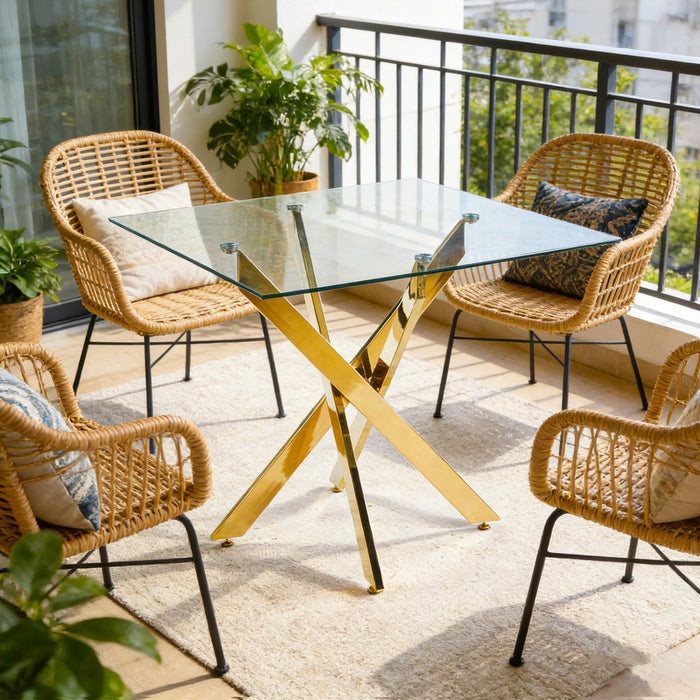 Table a manger carree en verre Olivia avec fonction polyvalente, finition doree