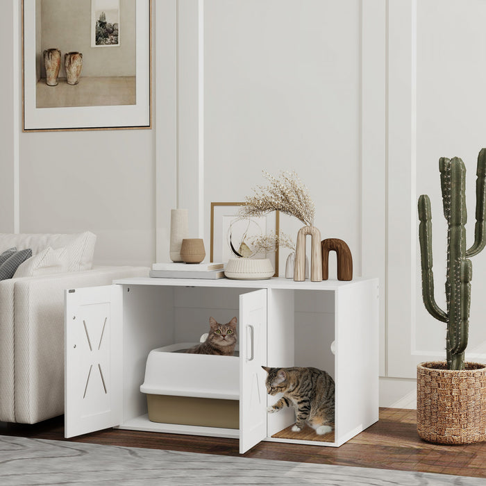Pawhut Bac A Litiere Pour Chat, Meuble Cache Avec Planche A Gratter, Table D'appoint Pour La Plupart Des Bacs A Litiere Et Chats, 31,5\" X 19\" X 20\", Blanc