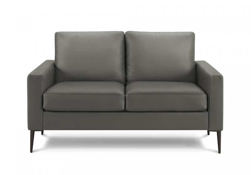Causeuse Rembourre, 58\" L, Aspect Cuir Gris Fonce, Pieds En Metal Noir, Moderne