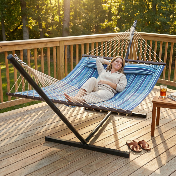 Outsunny Hamac avec Support Robuste 353 cm, Bleu et Blanc