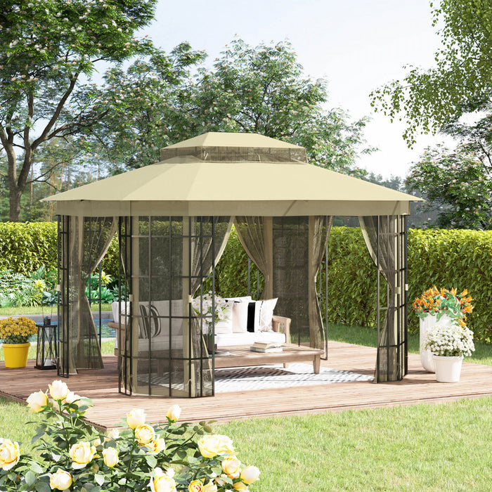 Outsunny 12' X 10' Tonnelle Pavillon Jardin Patio Terrasse Gazebo Auvent Abri D'exterieur Avec Double Toit Ventile, Moustiquaire Cadre En Metal Beige