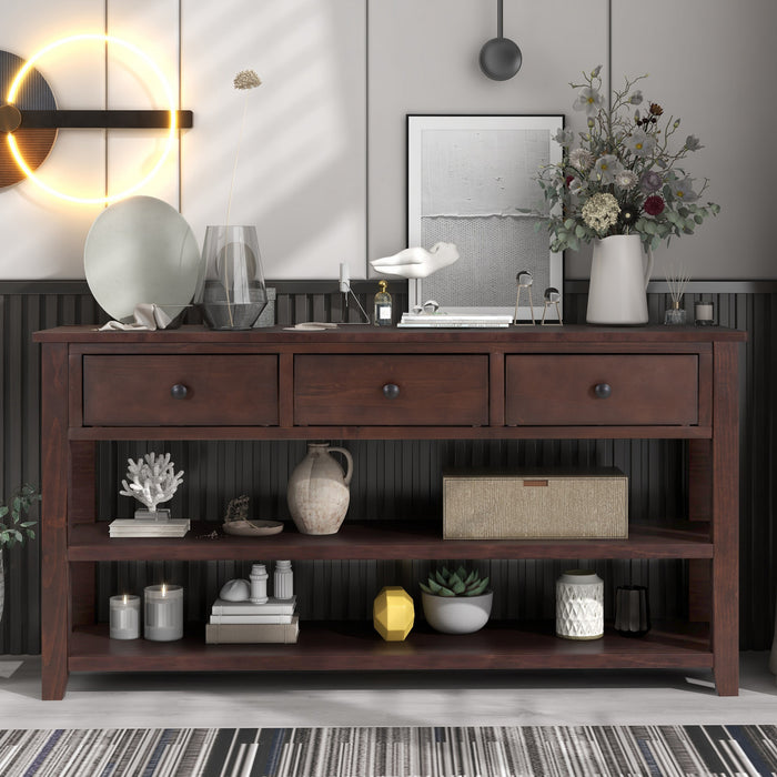 Console Wendy En Bois Massif Avec 3 Tiroirs Et 2 Etageres Ouvertes, Espresso