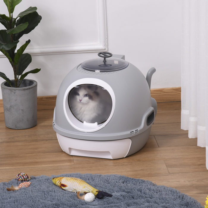 Pawhut Bac A Litiere Couvert, Bac A Litiere Avec Couvercle, Tiroir Ferme Et Lucarne Pour Chats, Facile A Nettoyer, Gris