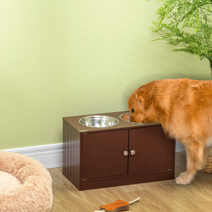 Pawhut Bol De Chien Sureleve Pour Gros Chien Station D'alimentation Pour Animaux De Compagnie Avec Support, Rangement, 2 Bols D'aliments Et D'eau En Acier Inoxydable, Marron, 23.5\" X 12\" X 14\"