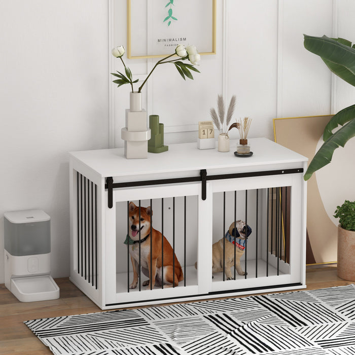 Pawhut Meuble De Cage Pour Chien, 47\", Table D'appoint, Niche D'interieur Pour Chiens De Tres Grande Taille, Avec Porte Coulissante, Serrure, Blanc