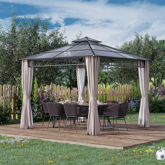 Outsunny Gazebo A Double Toit Rigide 9 X 10' Avec Moustiquaires Et Rideaux