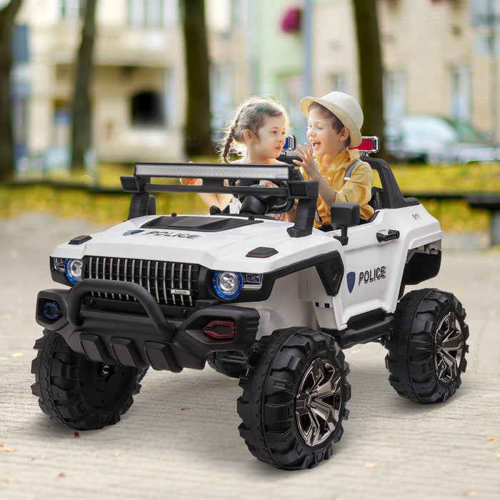 Aosom Voiture A Chevaucher 12v Rc 2 Places Camion De Police Voiture Electrique Pour Enfants Avec Lumieres Led Completes, Mp3, Telecommande Parentale (blanc)