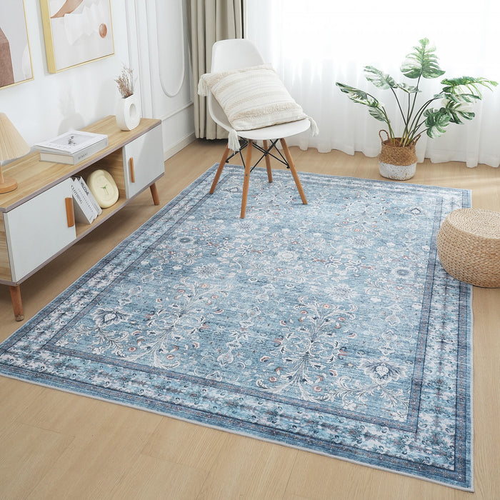 Tapis Vert Floral Lavable Antiderapant A Poils Ras 5'x7'