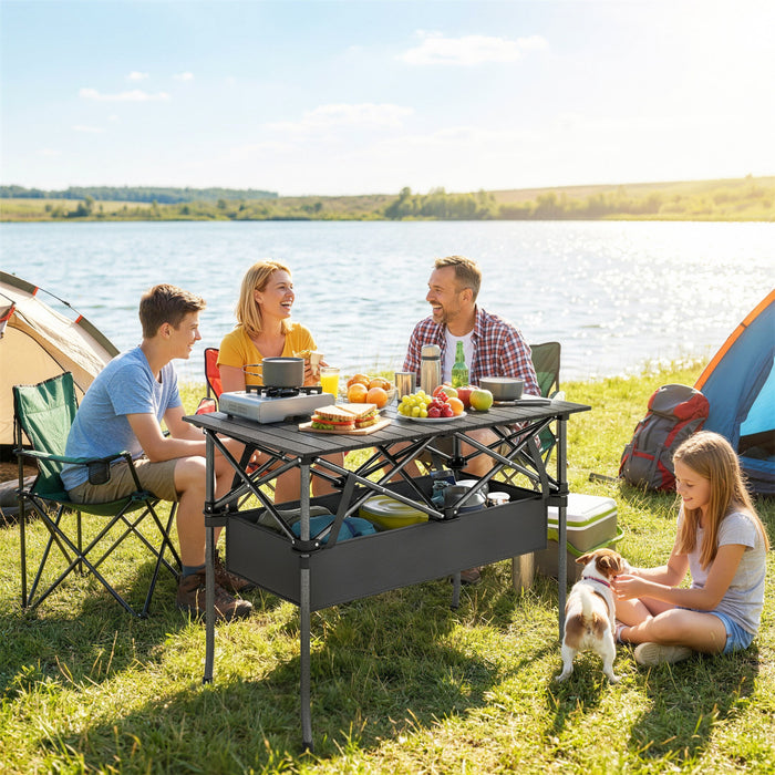 Outsunny Table de Camping Pliante 3 Pieds avec Filet de Rangement et Sac de Transport