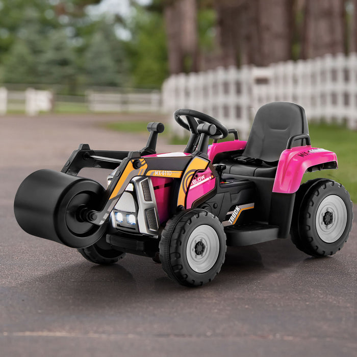Costway Enfants Rouler Sur Route Rouleau 12v Tracteur Electrique A Distance W / Musique & Led Rose Clair