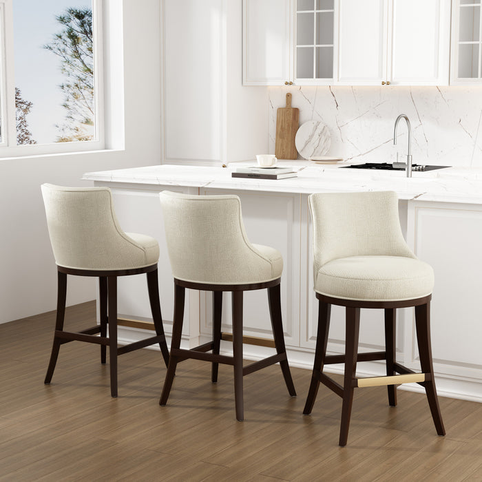 Tabouret de bar moderne Lucia en bois et tissu chenille naturel - Lot de 3