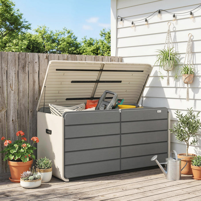 Outsunny Coffre de Rangement Exterieur 757 L avec Couvercle Verrouillable, Beige et Gris