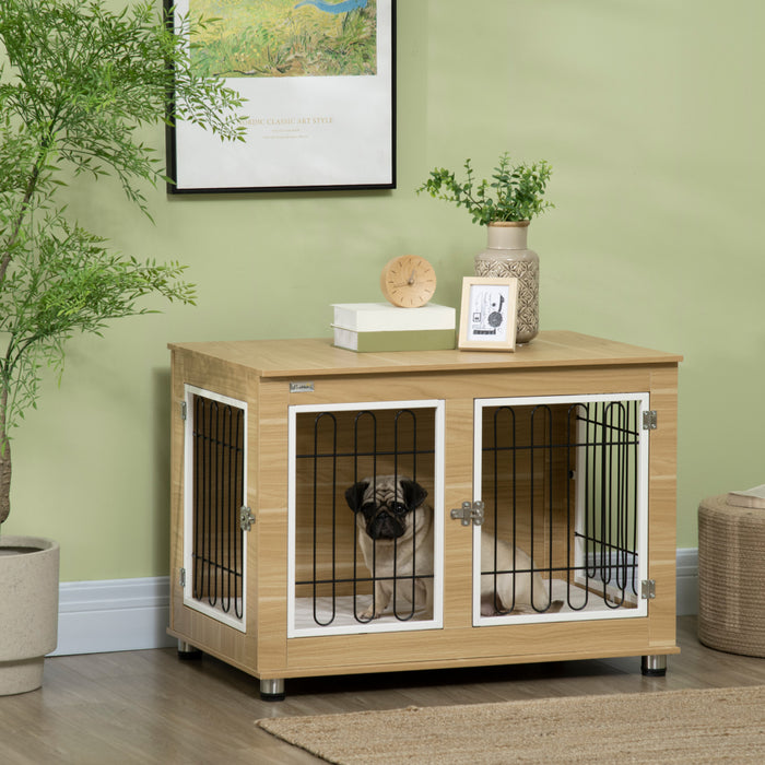 Pawhut Table D'appoint Pour Animal Domestique Avec Coussin Moelleux, Meubles De Cage Pour Chien A Double Porte Pour Chiens De Taille Moyenne, Chenil En Fil De Bois Pour Une Utilisation En Interieur