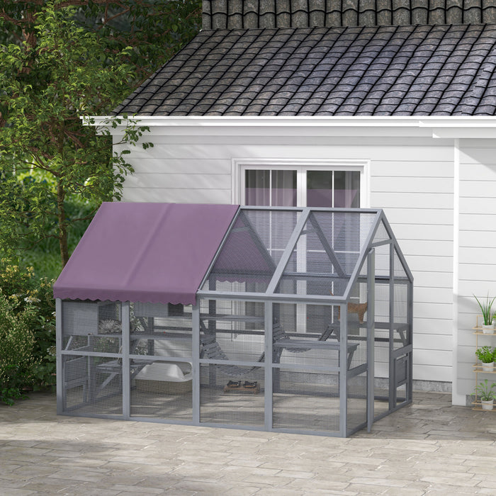 Pawhut Catio Enclos D'exterieur Pour Chat Sauvage En Bois Avec Auvent Resistant Aux Intemperies, Ponts, Boites De Repos, Plates-formes, Pour 3 A 6 Chats, Gris