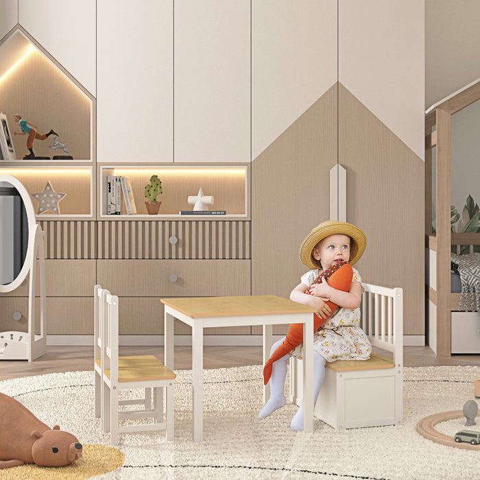 Qaba Ensemble De 4 Chaises De Table En Bois Pour Enfants Avec Fonction De Rangement, Facile A Nettoyer, Cadeau Pour Filles, Garcons, Tout-petits A Partir De 3 Ans Naturel Et Blanc