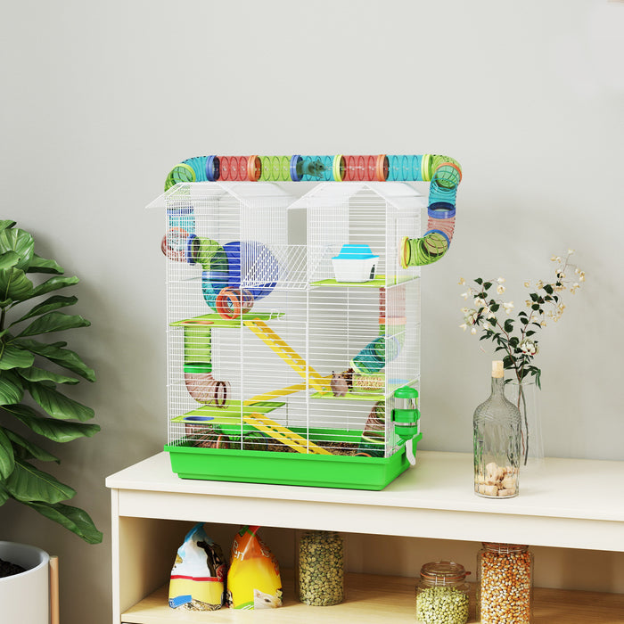 Cage Pour Hamster Pawhut De 47 Cm, Niche A 5 Niveaux Pour Petits Animaux Avec Systeme De Tunnel, Roue D'exercice, Bouteille D'eau, Bol, Rampe, Vert
