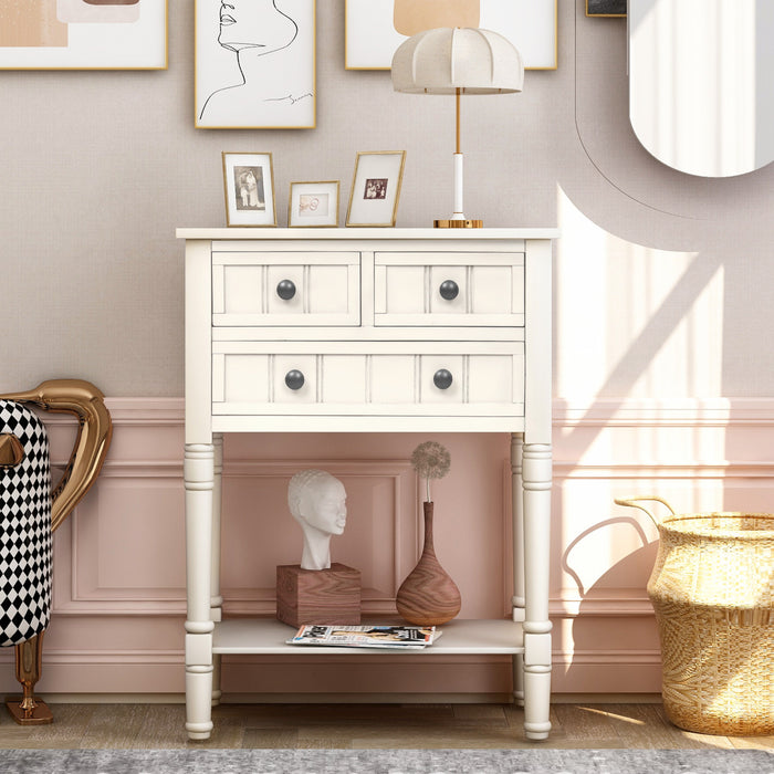 Table Console Olivia En Bois Massif Avec Tiroirs Et Etagere Inferieure - Blanc