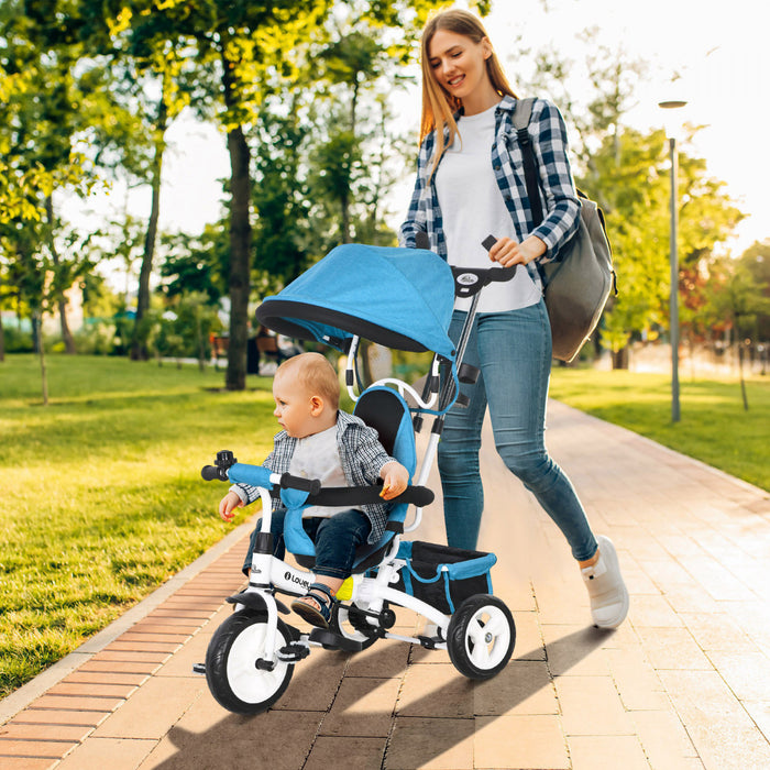 Qaba Tricycle Pour Tout-petits, Poussette De Velo 2 En 1 Pour Bebe Avec Auvent Pliable, Panier De Rangement, Harnais De Securite A 5 Points, Tricycle Pour Enfants De 1 A 5 Ans, Bleu