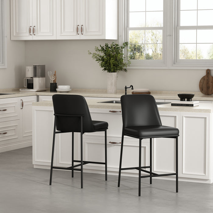 Tabouret de comptoir contemporain Loft en cuir vegetalien et metal noir - Lot de 2