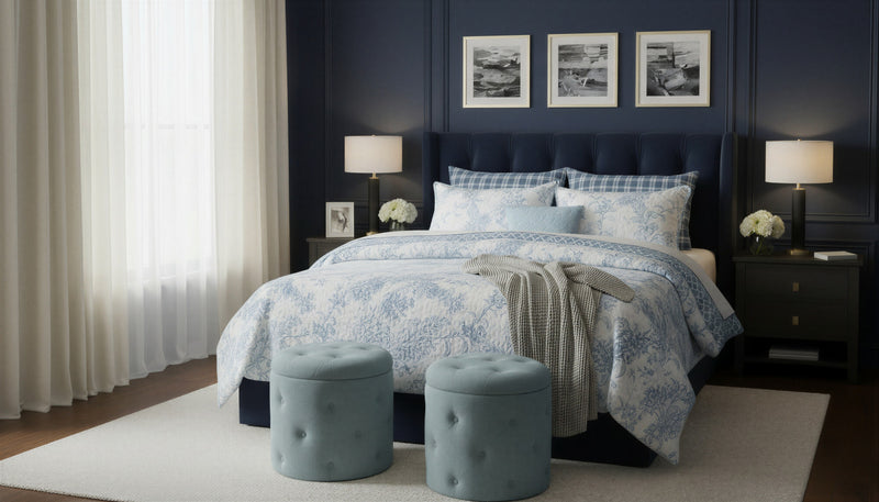 Ensemble de Courtepointe Reversible 3 Pieces pour Tres Grand Lit, Literie Florale Bleue et Blanche en Microfibre