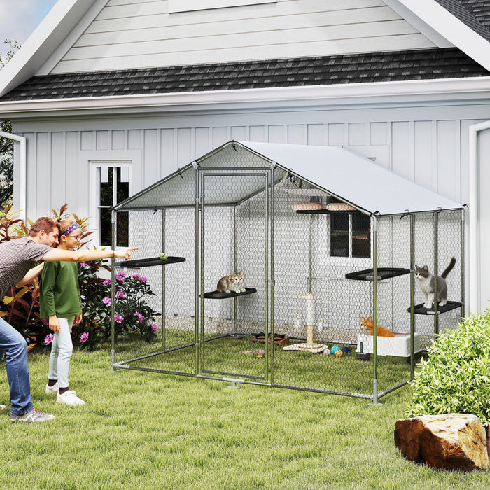 Grand enclos exterieur pour chats PawHut, cage spacieuse en acier galvanise avec toit impermeable, 5 plateformes ajustables, hamac, 240 cm L x 193 cm P x 195 cm H