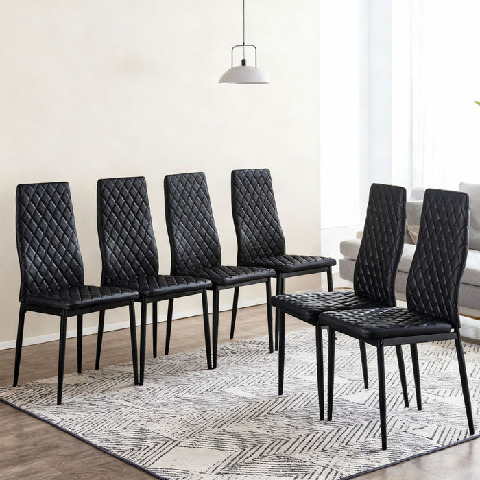 Ensemble de chaises de salle a manger modernes Ava avec motif de grille en diamant (lot de 6), cuir ignifuge et cadre en metal, noir