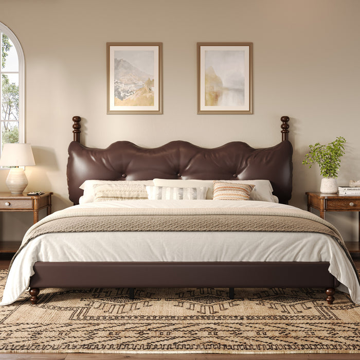 Cadre de lit plateforme en simili cuir Emma avec tete de lit, taille Queen, marron fonce