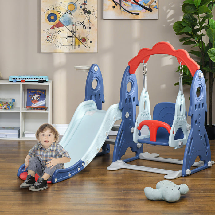 Qaba Ensemble Toboggan Et Balancoire Pour Enfants 3 En 1, Aire De Jeux Interieure Avec Panier De Basket, Balancoire Reglable, Grimpeur Pour Tout-petits, Pour Les 1 A 3 Ans, Bleu Fonce