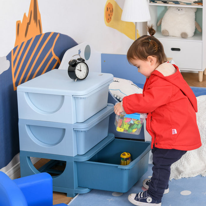 Qaba Unite De Rangement Pour Enfants A 3 Niveaux, Coffre A 3 Tiroirs, Organisateur De Jouets, Bacs En Plastique Pour Chambre, Creche, Jardin D'enfants,pour Garcon, Fille, Bleu