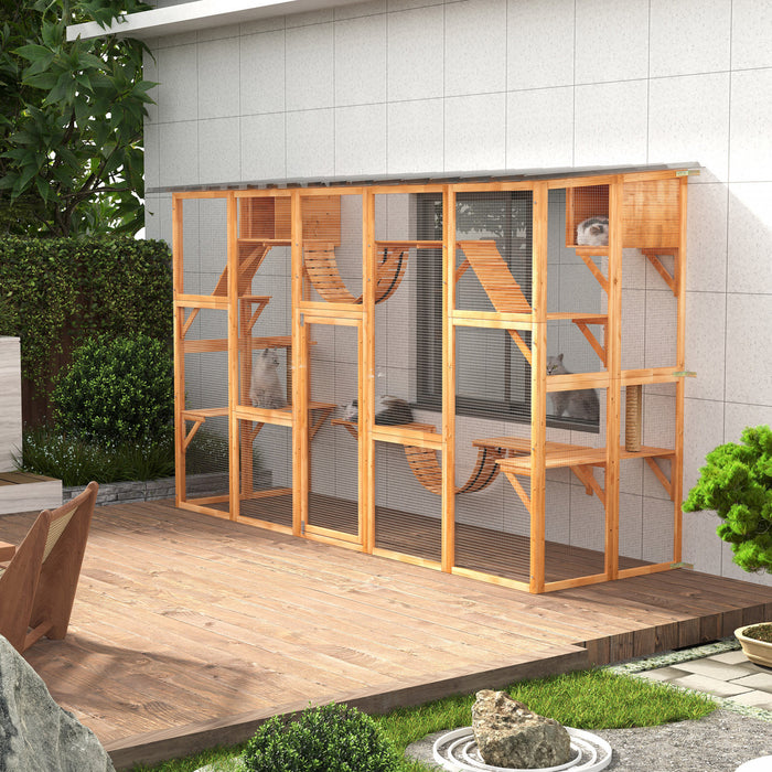 Pawhut Maison D'exterieur Pour Chat Avec Toit De Protection Contre Les Intemperies Pour Plusieurs Chatons, Cadre En Bois, Etageres Et Ponts, 118\" X 37.5\" X 74\" , Orange