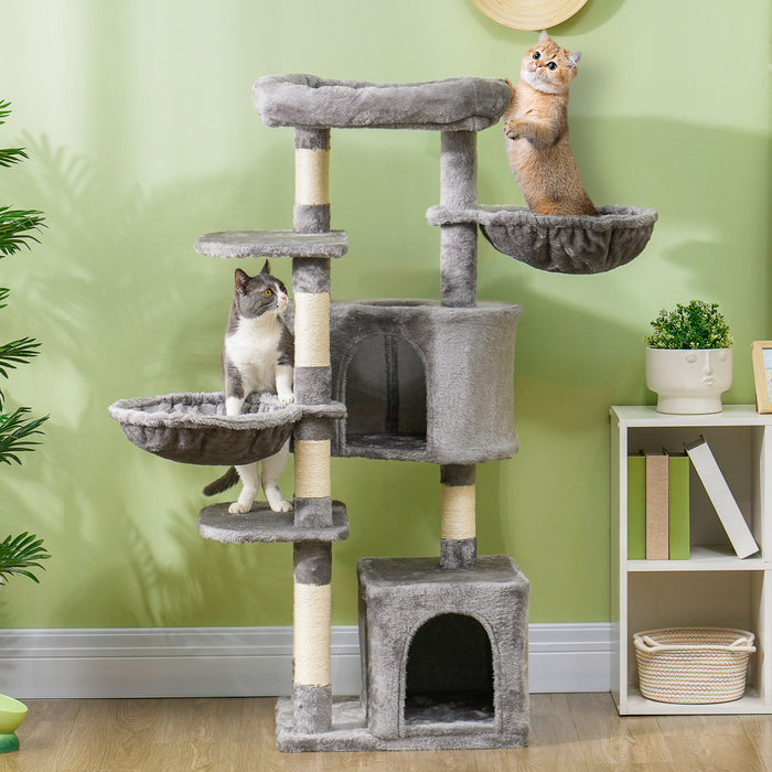 Pawhut Arbre A Chat De 52.5\", Tour Pour Chats D'interieur Avec Griffoirs, Condos Pour Chats, Lit, Plates-formes, Hamacs, Centre D'activites Pour Chat, Gris